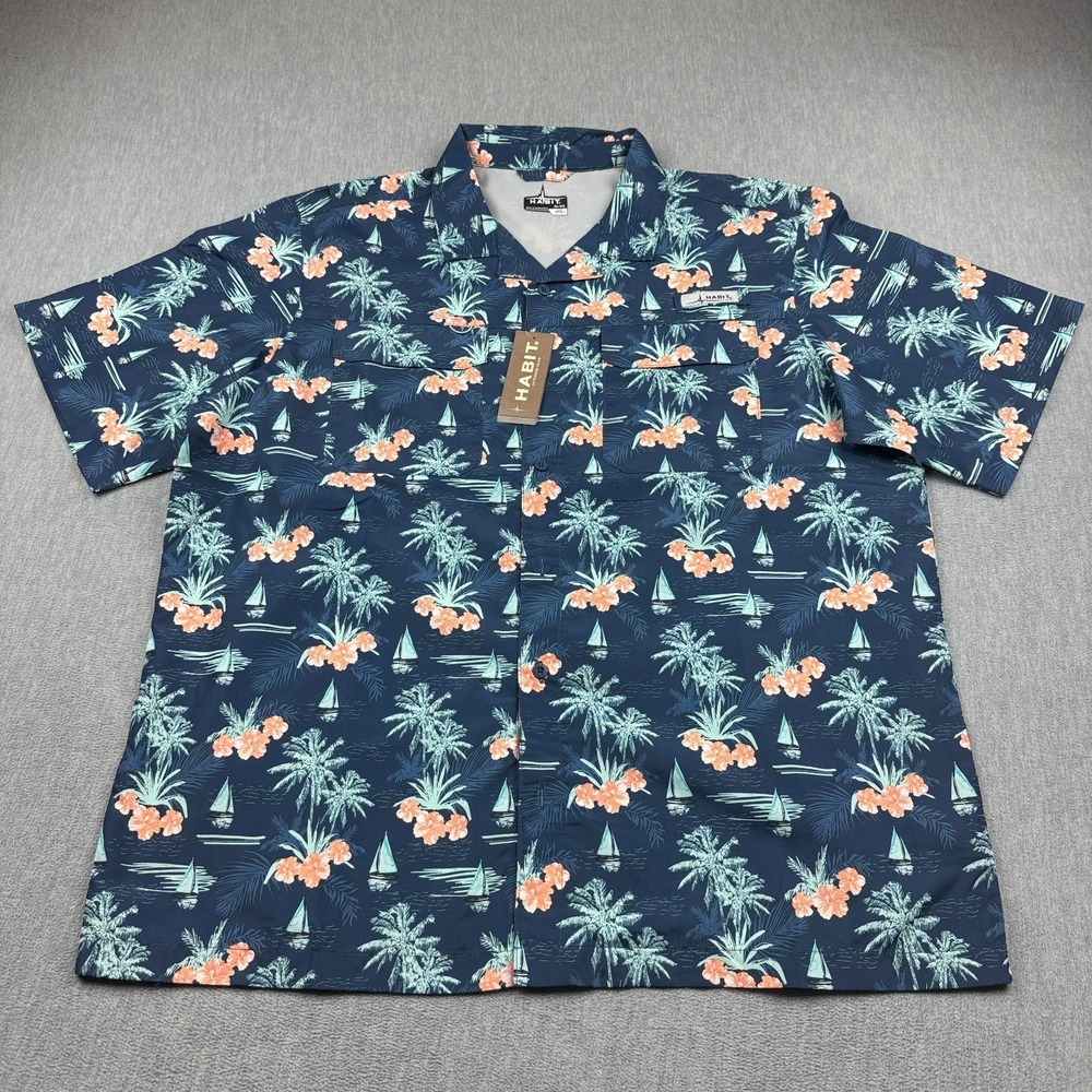 Habit Shirt Men XL Blue Sunset Waves Short Sleeve Camp Fishing Button Up Outdoor